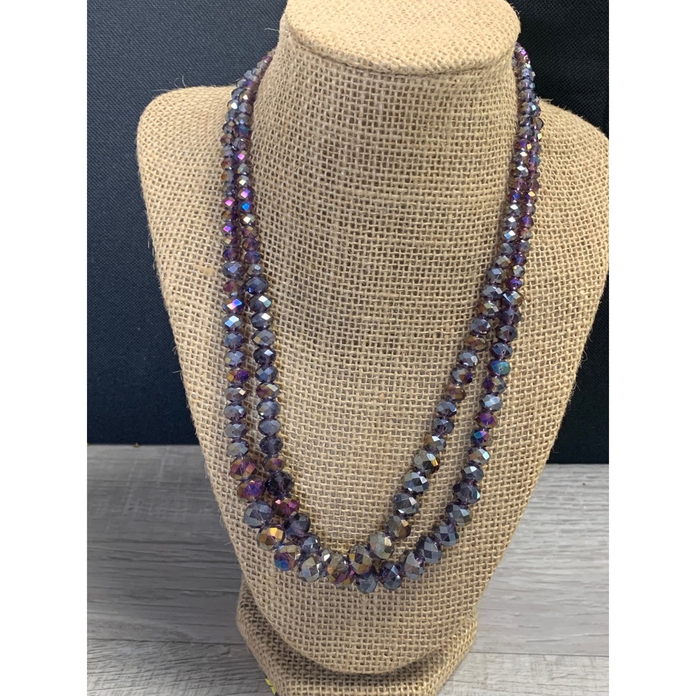 Purple Iridescent AB Faceted Glass Bead Dbl Strand Necklace Magnetic Clasp 18in‎